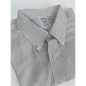 Brooks Brothers Dress Shirt Men’s XL 17.5-35 White w/ Blue Gold Stripes